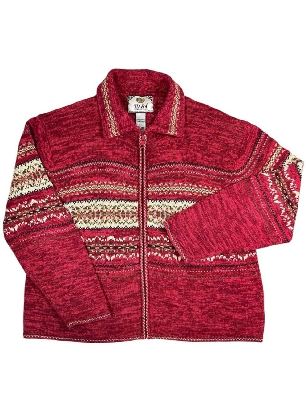 Vintage Fair Isle Knit Zip Cardigan Sweater XL by Tiara International